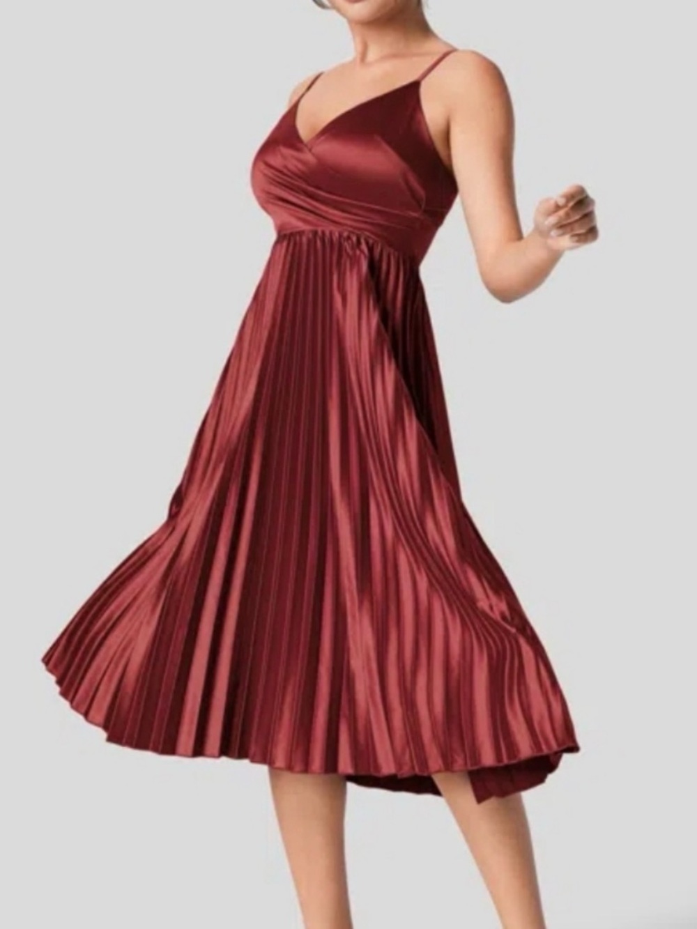 Halara Sleeveless Satin Pleated Midi Dress - Burgundy